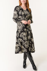 Floral Print Button & Tassel Midi Dress
