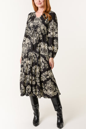 Floral Print Button & Tassel Midi Dress