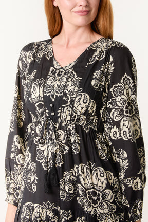 Floral Print Button & Tassel Midi Dress