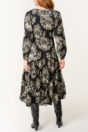 Floral Print Button & Tassel Midi Dress