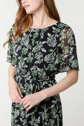 Floral Round Neck Mesh Midi Dress