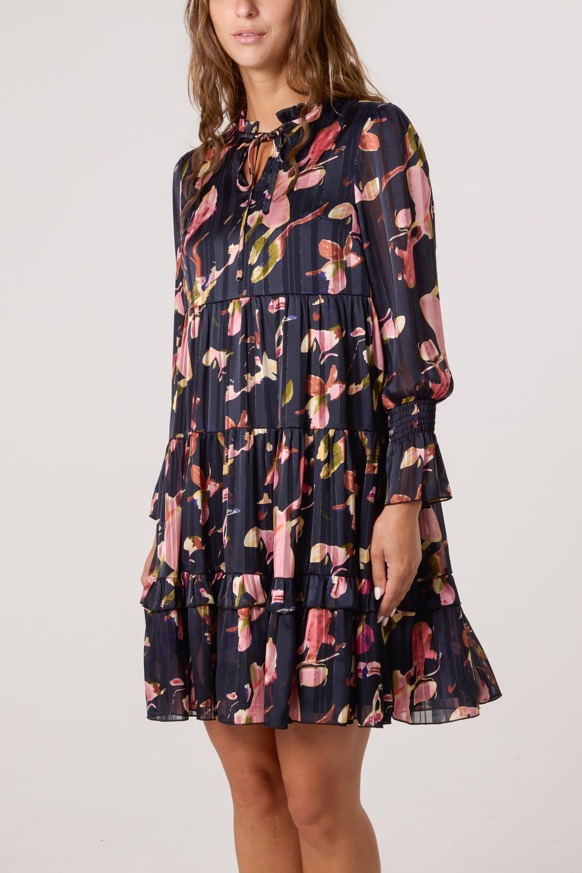 Floral Tie Collar Tiered Smock Dress