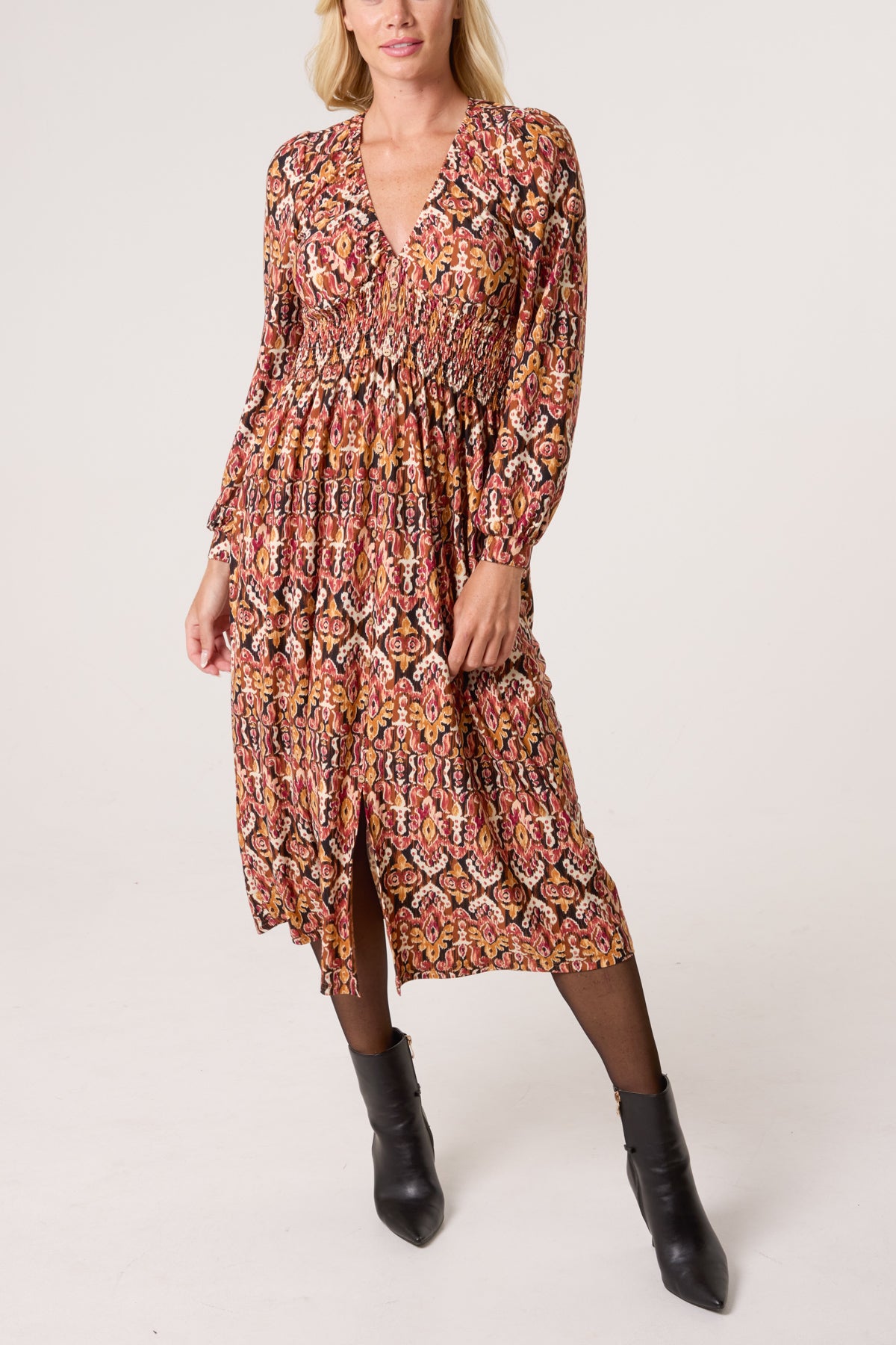 Damask Print Button Front Stretch Dress