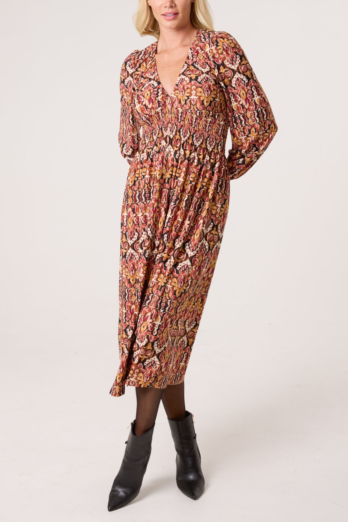 Damask Print Button Front Stretch Dress