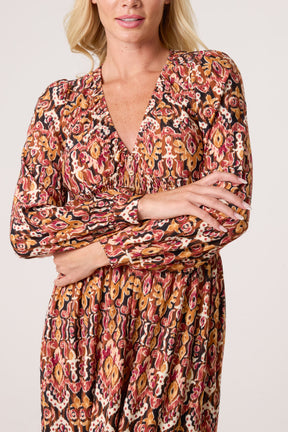 Damask Print Button Front Stretch Dress