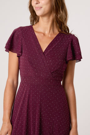Flutter Sleeve Diamante Wrap Dress