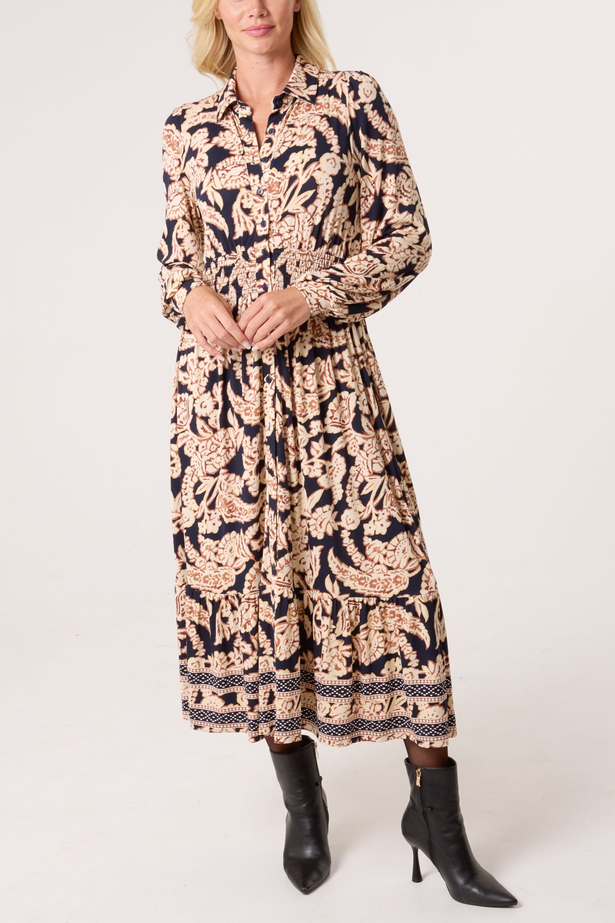 Border & Leaf Print Shirt Stretch Dress