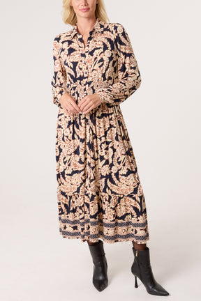 Border & Leaf Print Shirt Stretch Dress