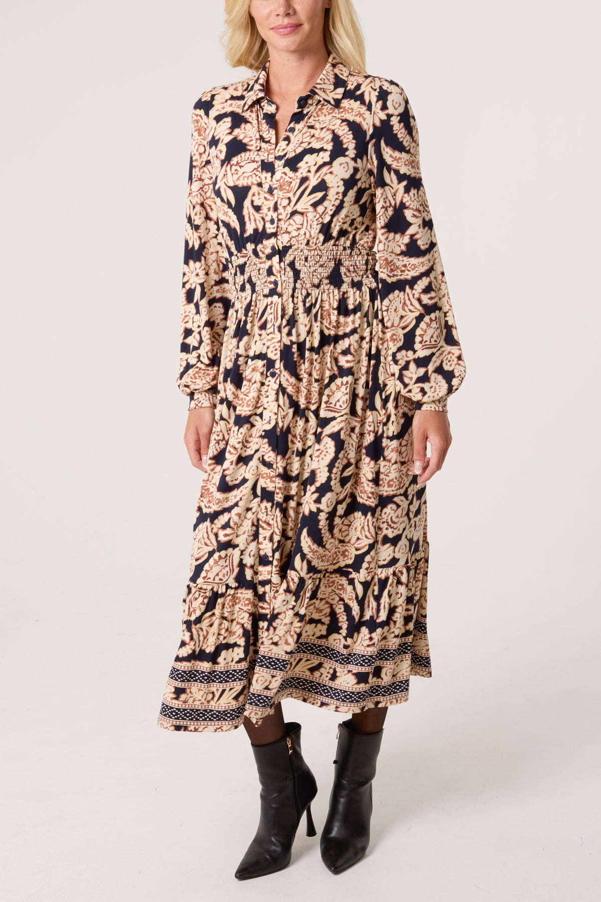 Border & Leaf Print Shirt Stretch Dress