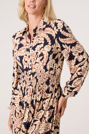 Border & Leaf Print Shirt Stretch Dress
