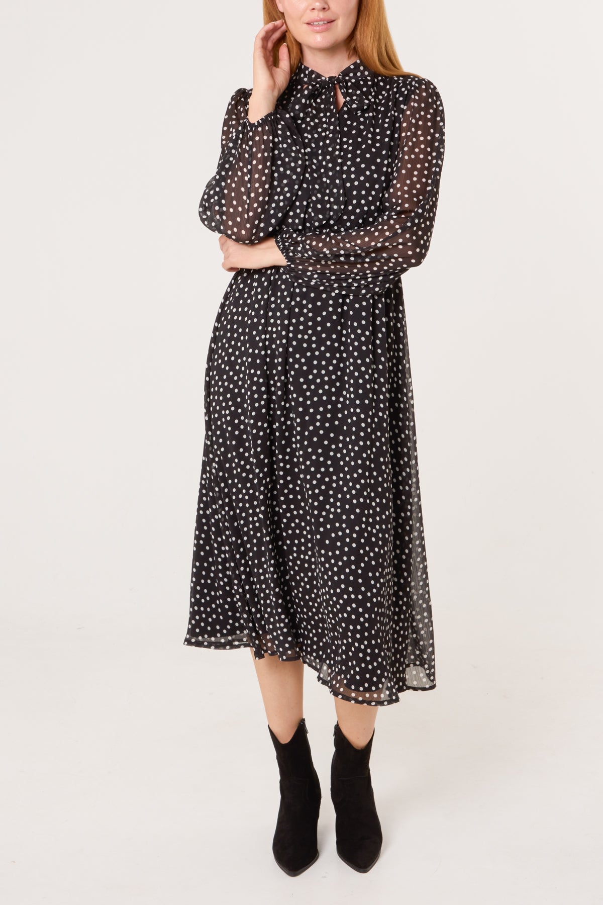 Polka Dot Tie Neck Midi Dress