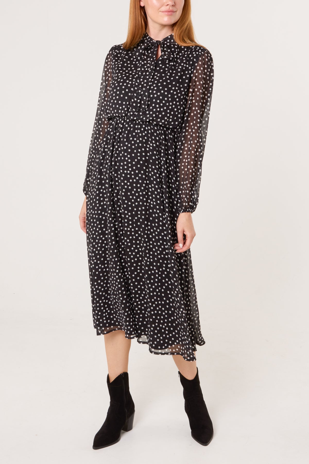 Polka Dot Tie Neck Midi Dress