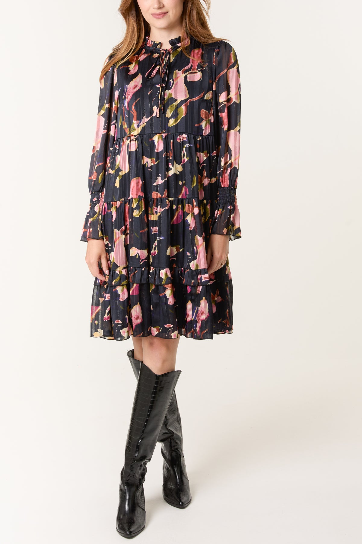 Tie Neck Floral Chiffon Smock Dress