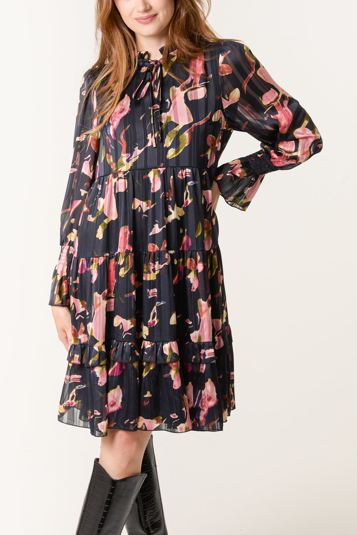 Tie Neck Floral Chiffon Smock Dress