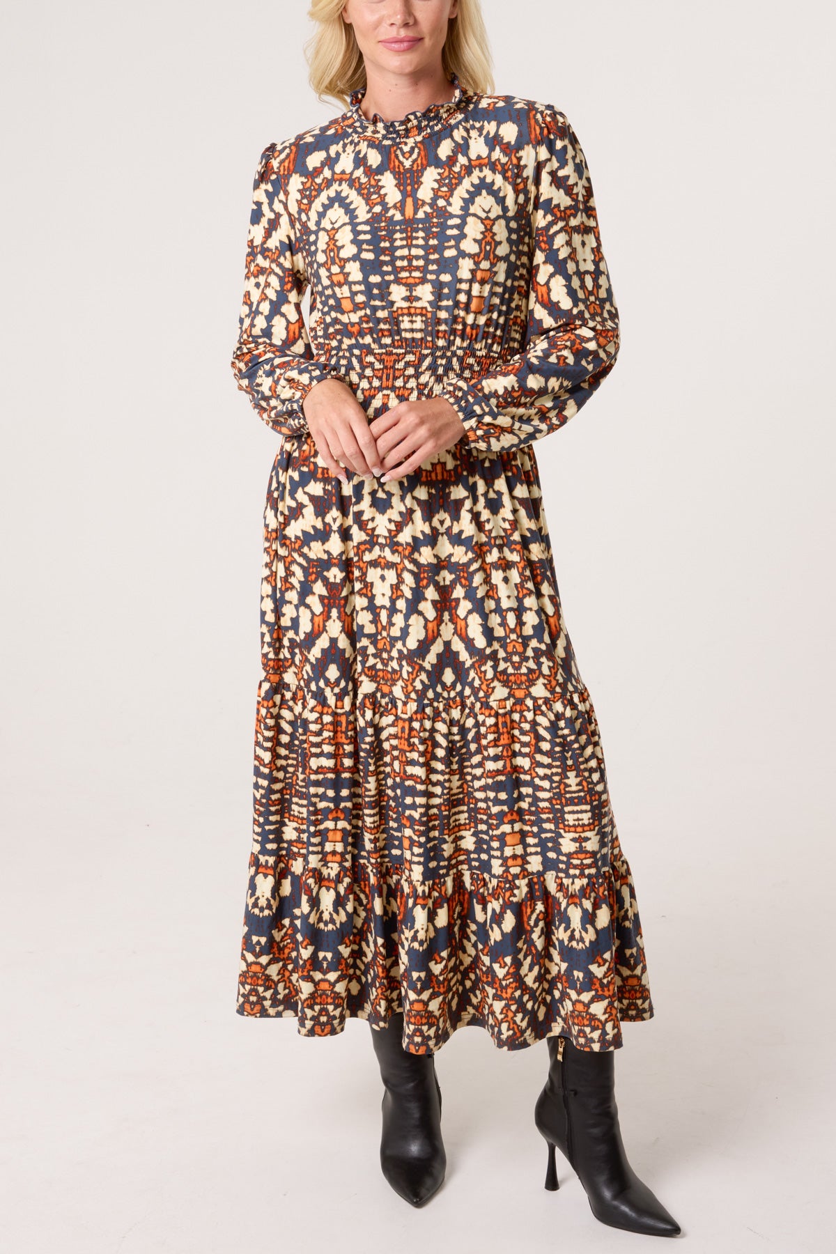 Shirred High Neck Abstract Stretch Dress