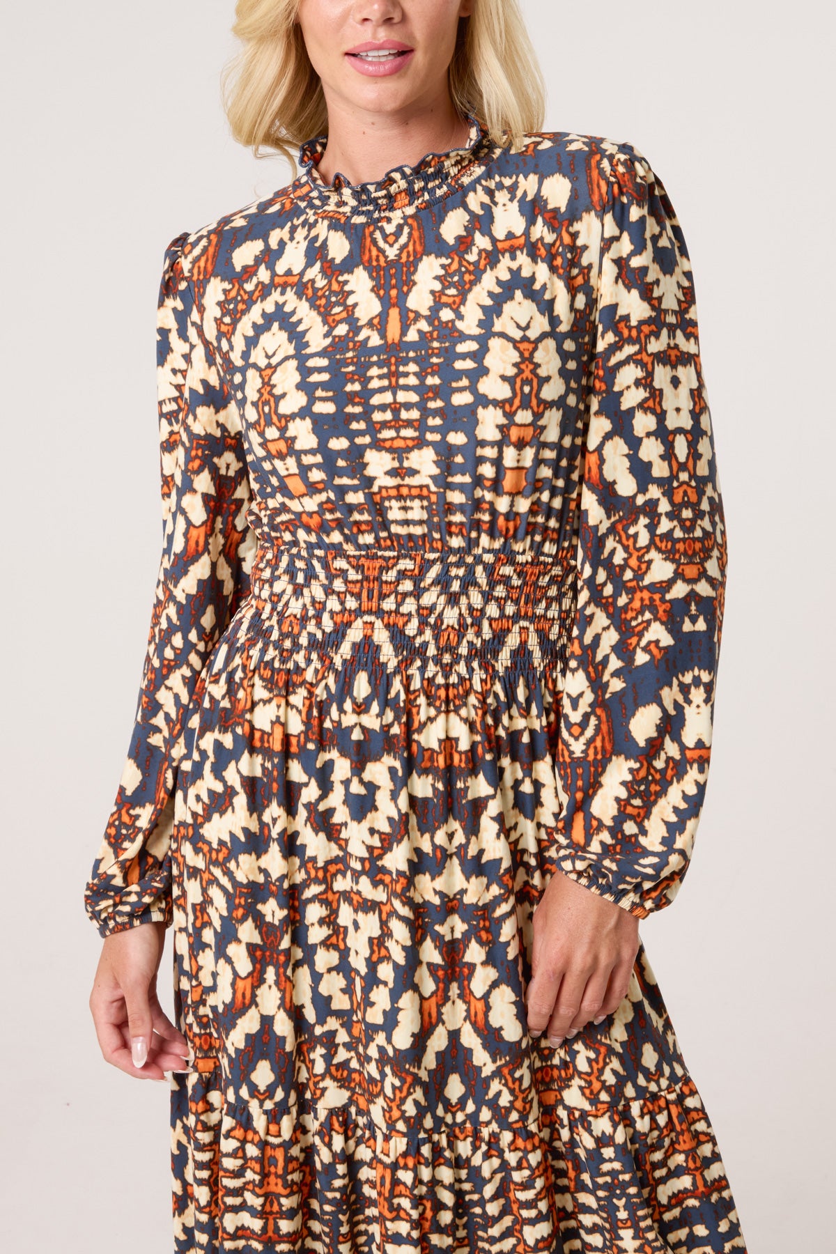 Shirred High Neck Abstract Stretch Dress