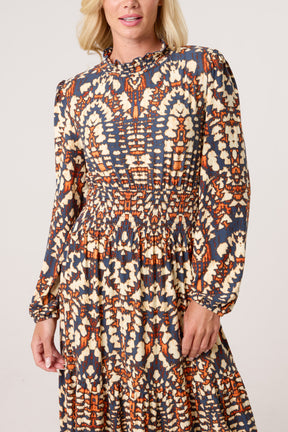 Shirred High Neck Abstract Stretch Dress