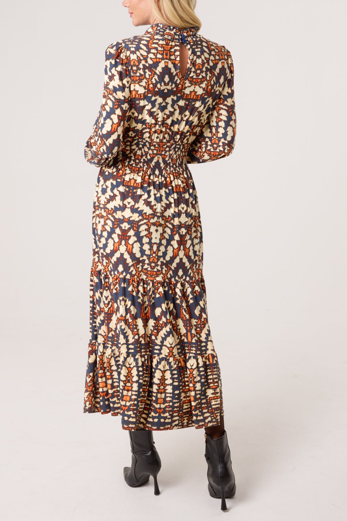 Shirred High Neck Abstract Stretch Dress
