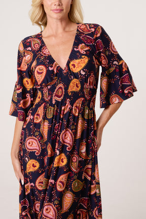 Autumnal Paisley Print Stretch Shirred Dress