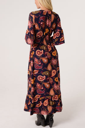 Autumnal Paisley Print Stretch Shirred Dress