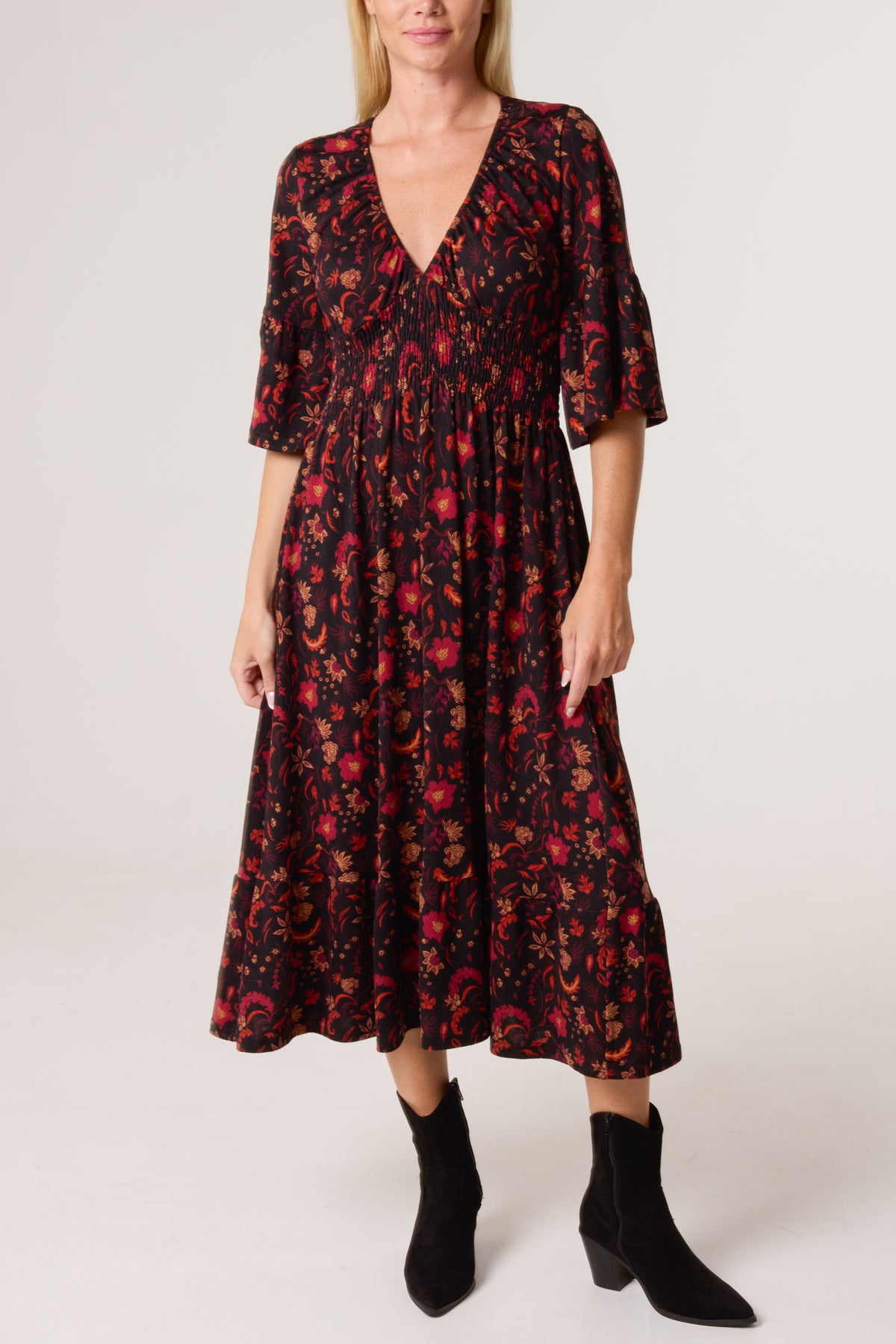 Autumnal Flowers V-Neck Elastic Dress
