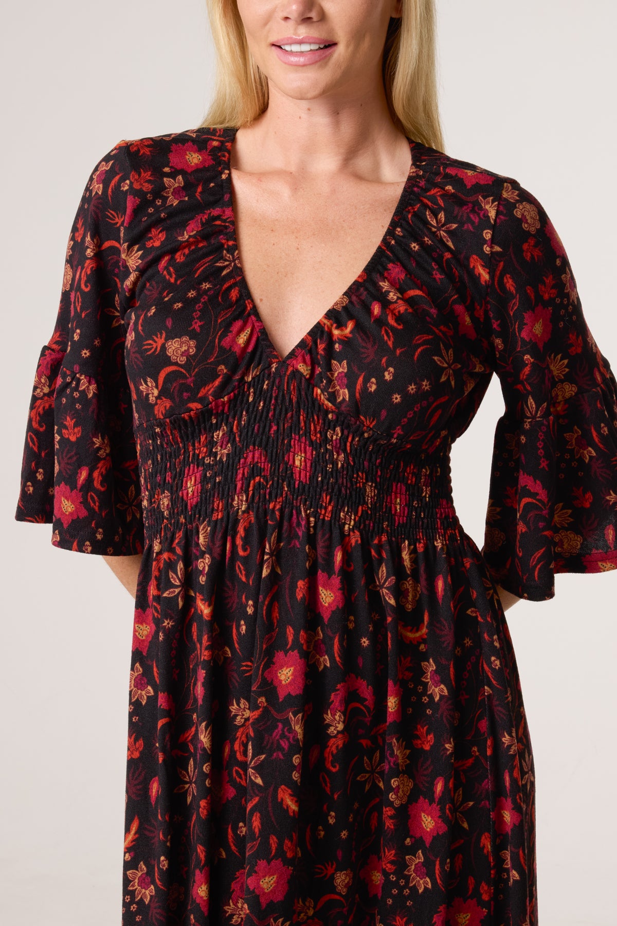 Autumnal Flowers V-Neck Elastic Dress