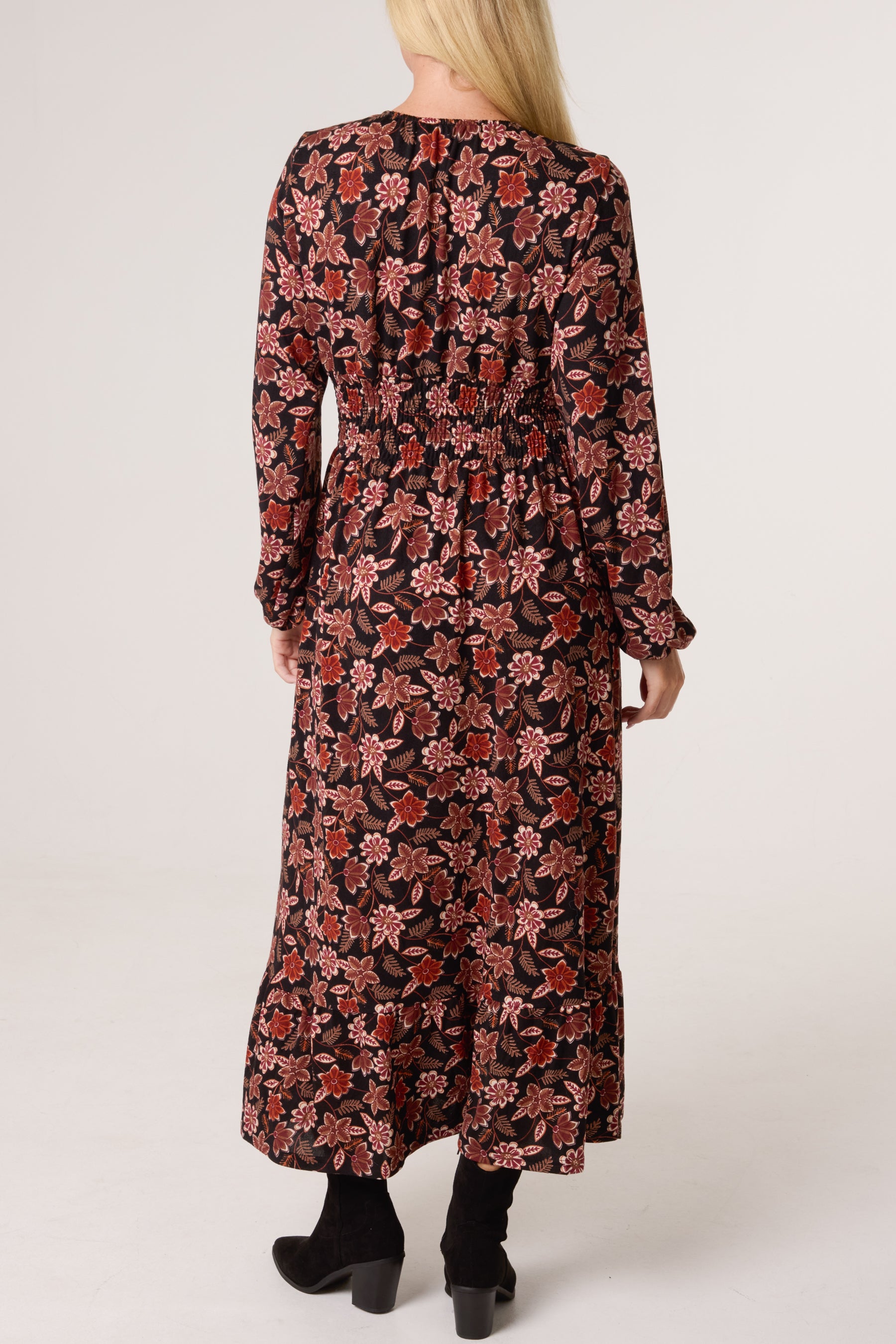 Autumnal V-Neck Shirred Stretch Dress