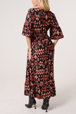 Autumnal Aztec Print Shirred Stretch Dress