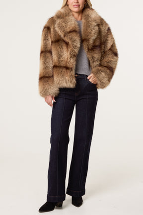 Horizontal Line Detail Faux Fur Short Coat