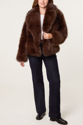 Horizontal Line Detail Faux Fur Short Coat