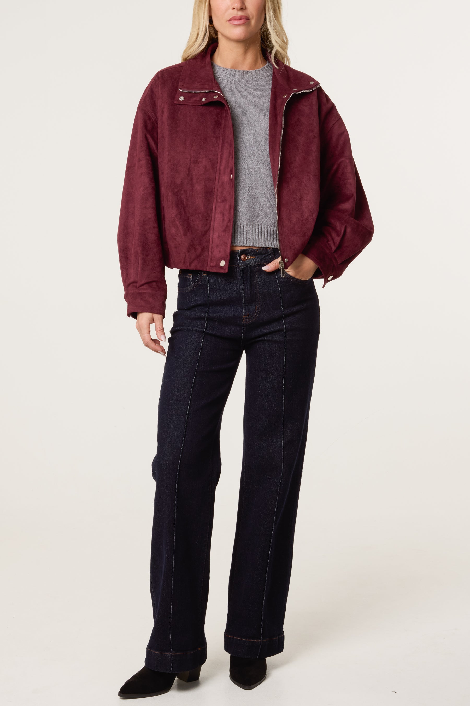 Zip Through Funnel Neck Suede Jacket