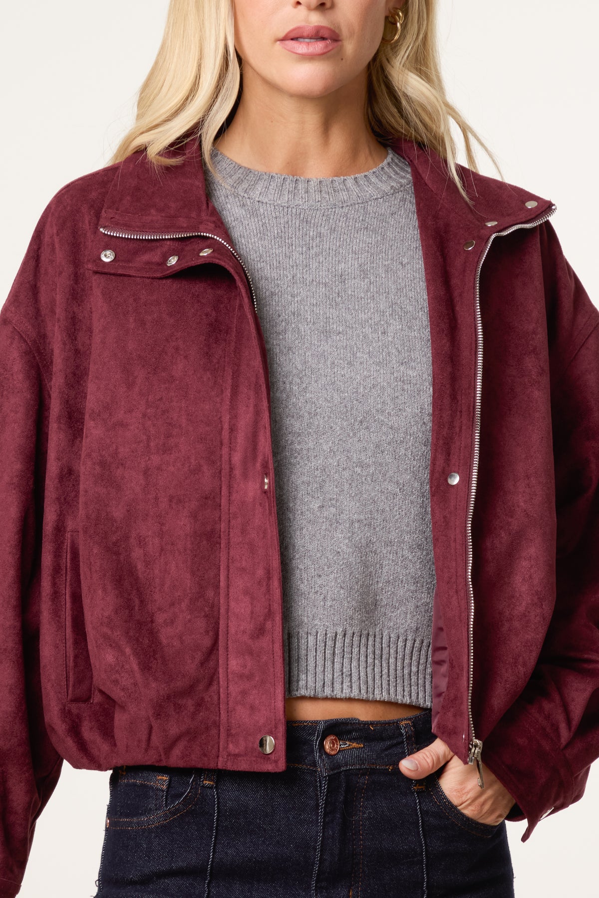 Zip Through Funnel Neck Suede Jacket