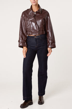 Crocodile Textured PU Biker Jacket
