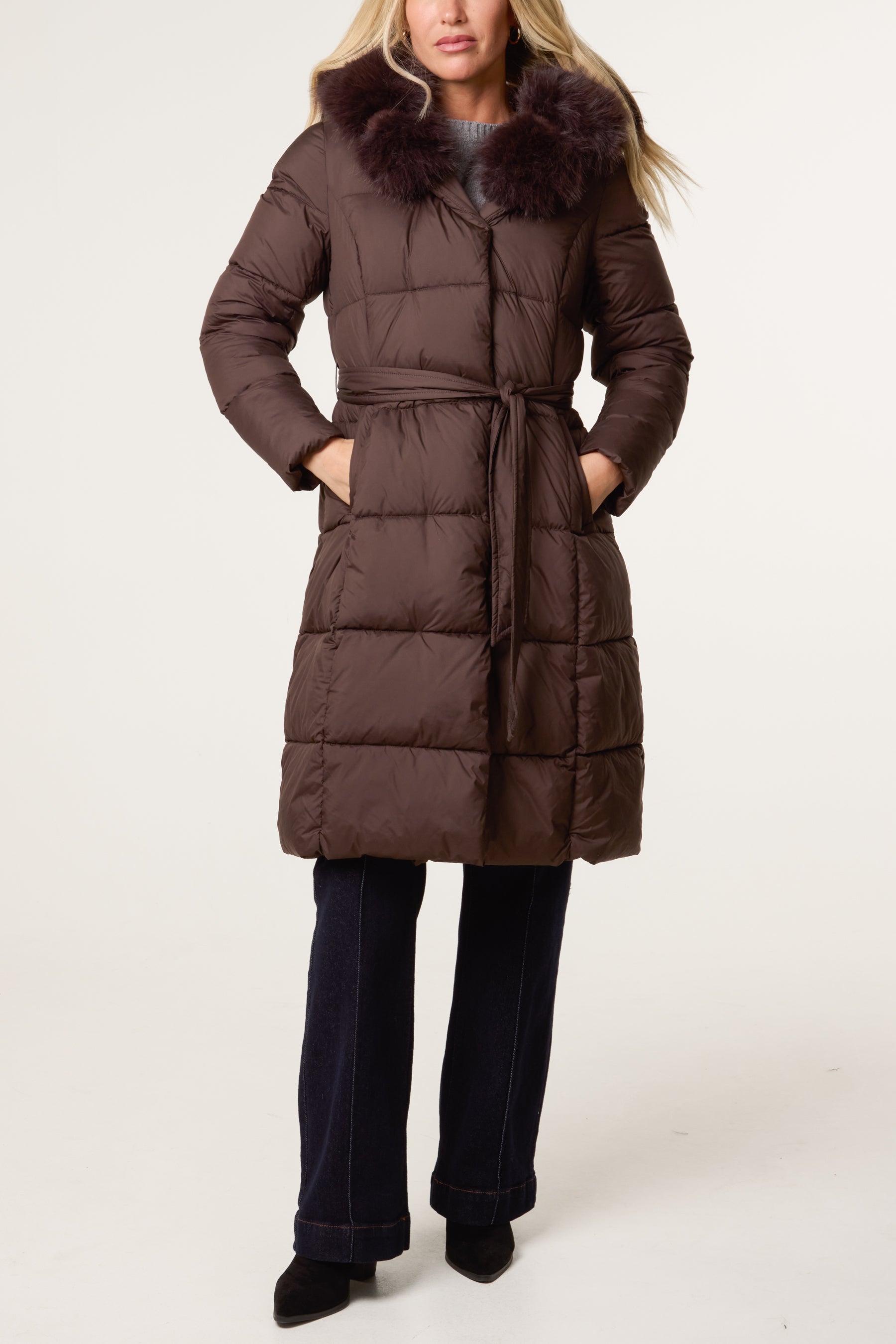 Pelted Fur Hood Longline Puffer Jacket