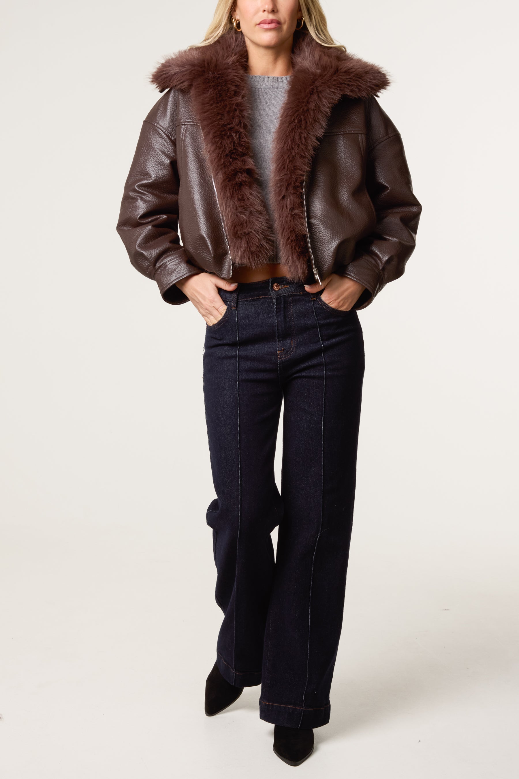 PU Zip Through Fur Trim Jacket