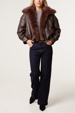 PU Zip Through Fur Trim Jacket