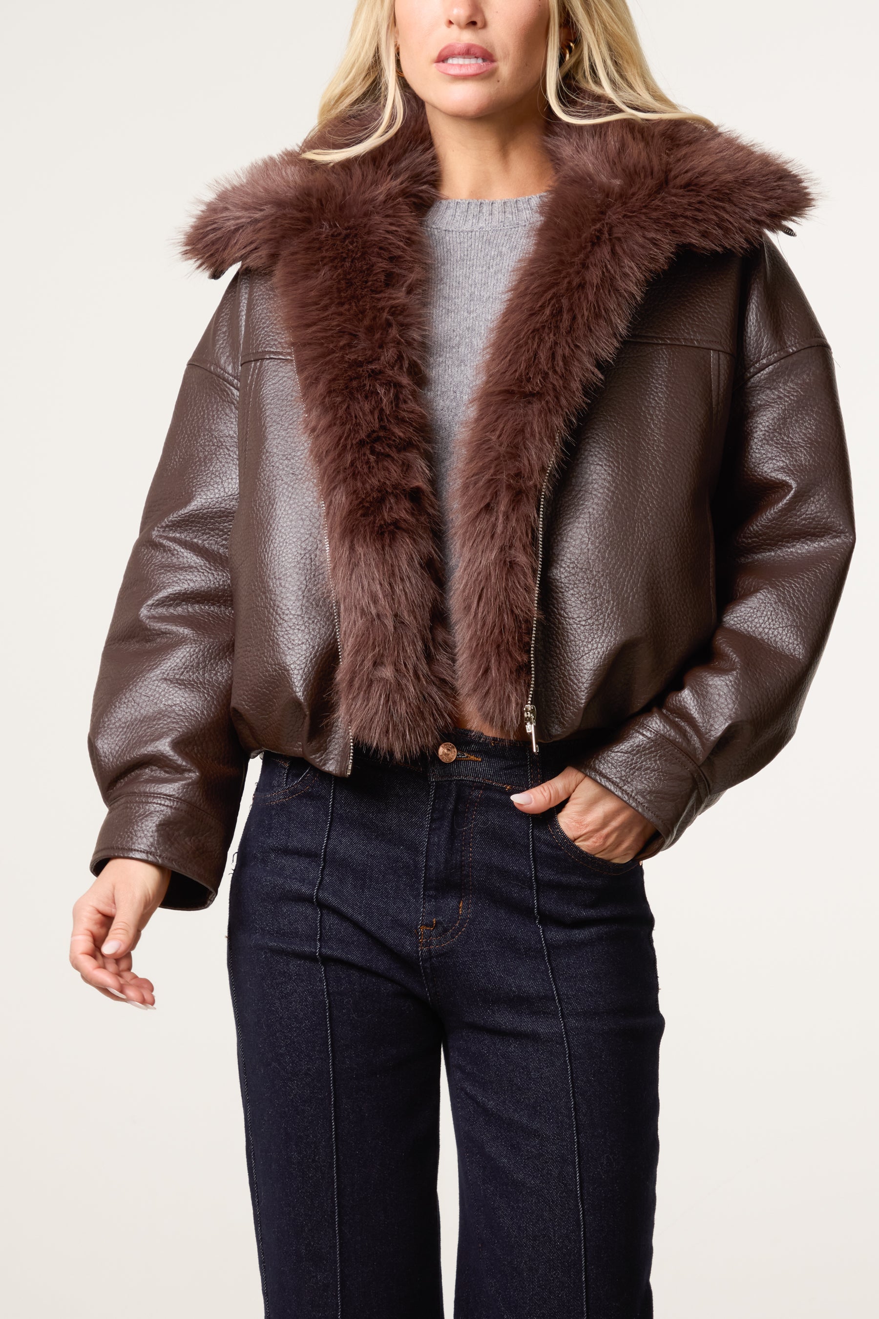 PU Zip Through Fur Trim Jacket