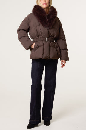 Shawl Fur Collar Belted Short Puffer