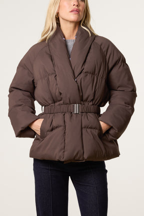 Shawl Fur Collar Belted Short Puffer