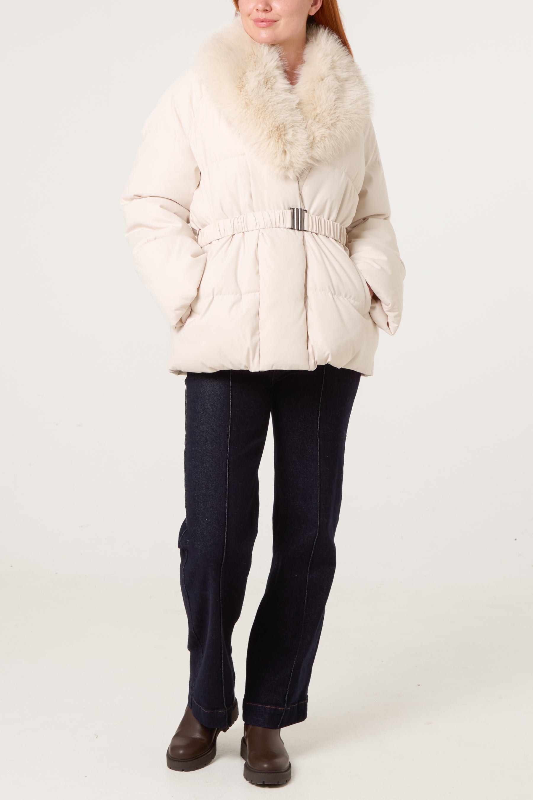 Shawl Fur Collar Belted Short Puffer