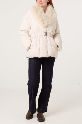 Shawl Fur Collar Belted Short Puffer