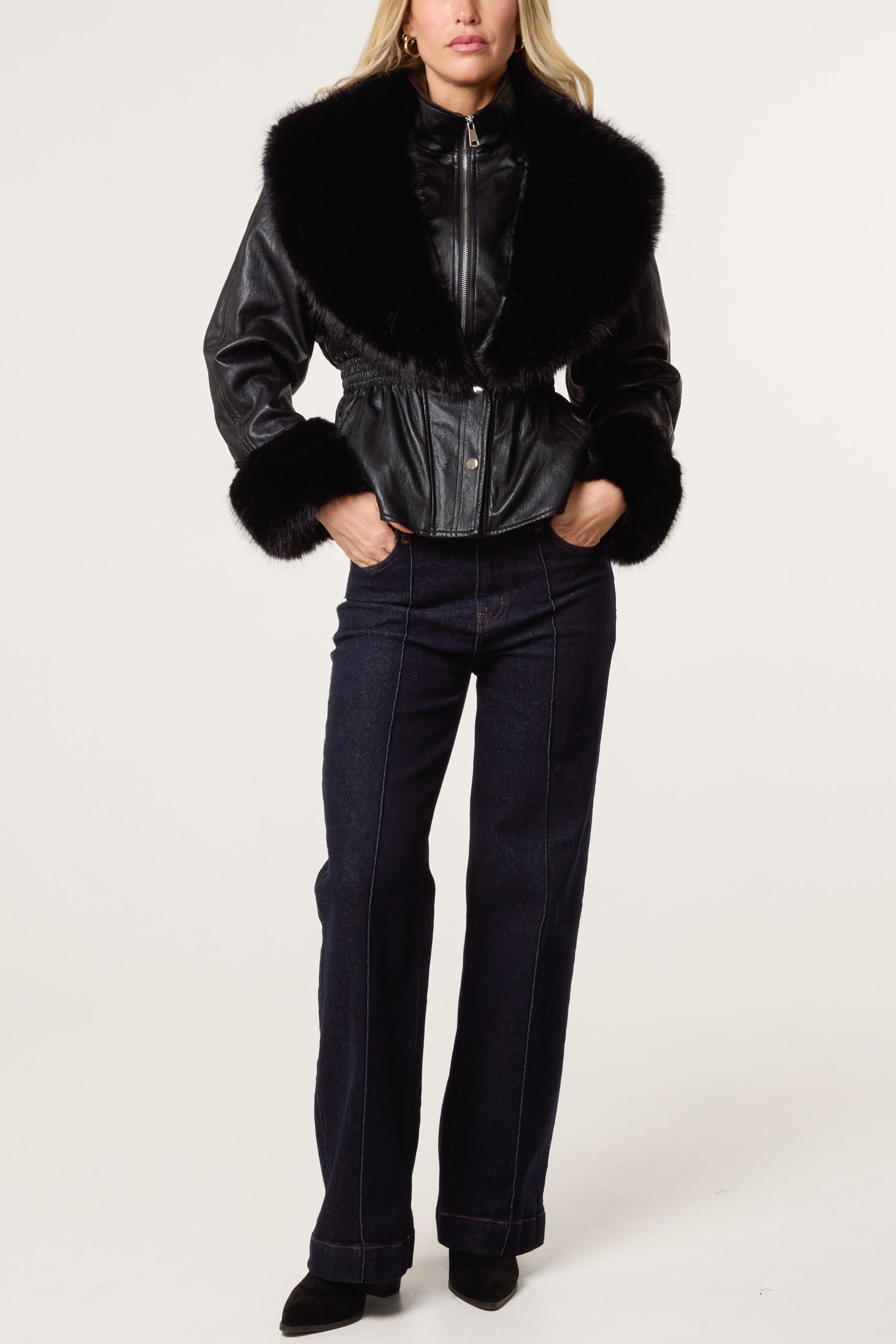 Zip Through Fur Trim Cinched Waist Jacket