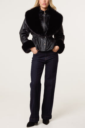 Zip Through Fur Trim Cinched Waist Jacket