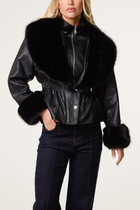 Zip Through Fur Trim Cinched Waist Jacket