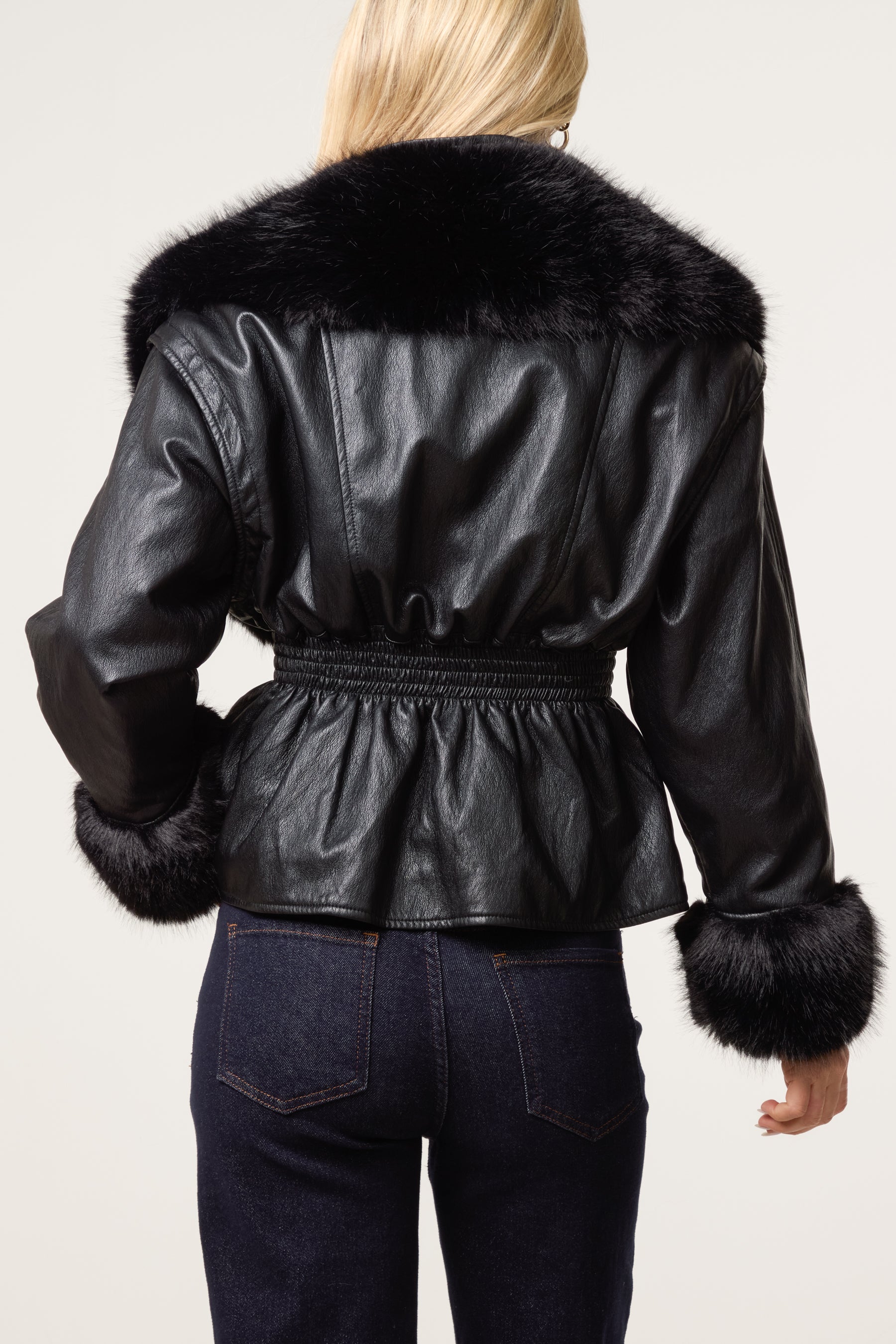 Zip Through Fur Trim Cinched Waist Jacket