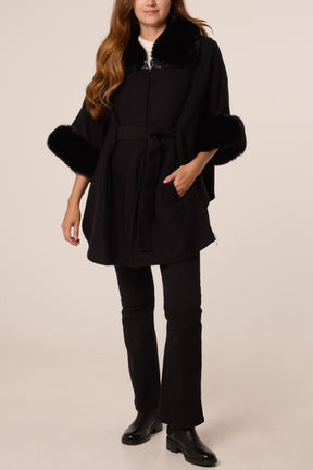 Buckle Detail Fur Trimmed Cape