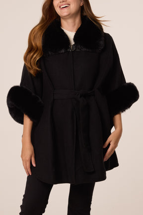 Buckle Detail Fur Trimmed Cape