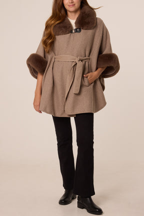 Buckle Detail Fur Trimmed Cape