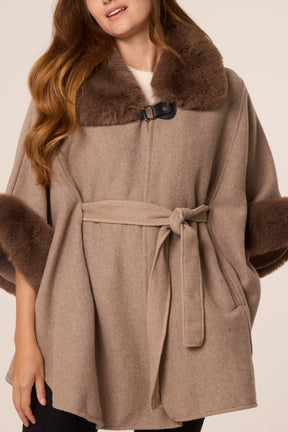 Buckle Detail Fur Trimmed Cape