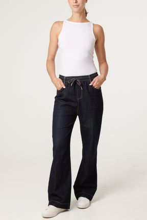 Elastic Waist Front Drawstring Jeans